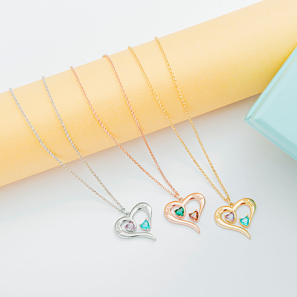 Heart Necklace with 2 Birthstones for Couples-3