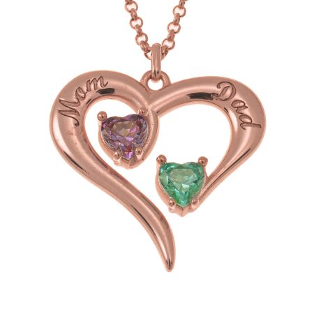 Heart Necklace with 2 Birthstones for Couples in 18K Rose Gold Plating