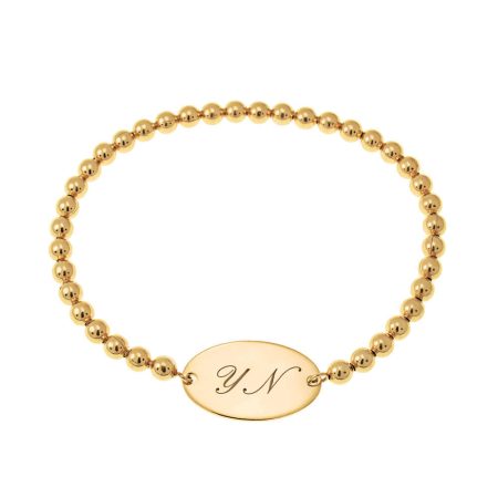Stretch Beaded Bracelet with Oval Charm & Initials in 18K Gold Plating
