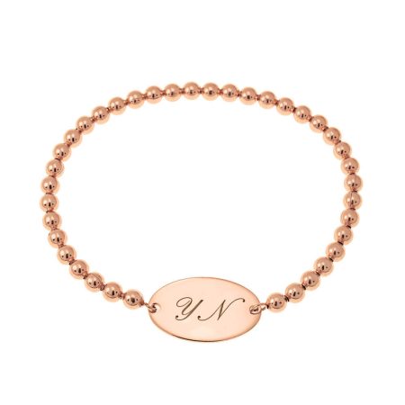 Stretch Beaded Bracelet with Oval Charm & Initials in 18K Rose Gold Plating