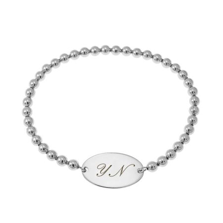Stretch Beaded Bracelet with Oval Charm & Initials in 925 Sterling Silver