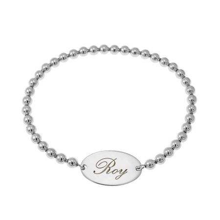 Name Bracelet with Oval Pendant & Stretch Beaded Chain in 925 Sterling Silver