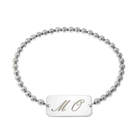 Stretch Beaded Bracelet with Bar Pendant & Initials in 925 Sterling Silver