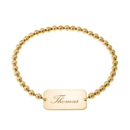 Name Bracelet with Engraved Bar & Beaded Strech Chain in 18K Gold Plating