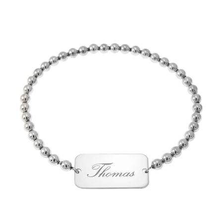 Name Bracelet with Engraved Bar & Beaded Strech Chain in 925 Sterling Silver