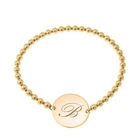 Stretch Beaded Bracelet with Initial & Disc Pendant in 18K Gold Plating