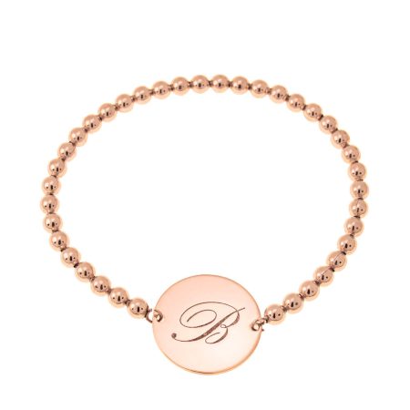 Stretch Beaded Bracelet with Initial & Disc Pendant in 18K Rose Gold Plating