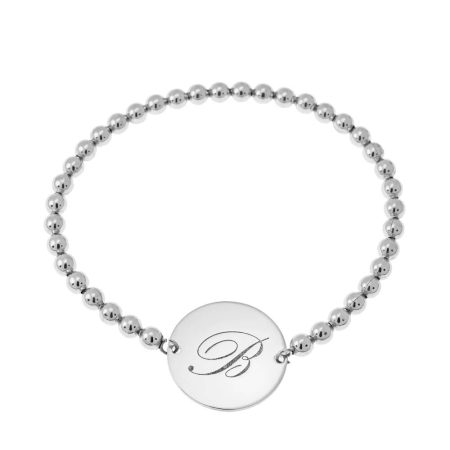 Stretch Beaded Bracelet with Initial & Disc Pendant in 925 Sterling Silver