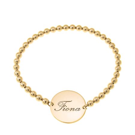 Stretch Beaded Bracelet with Name & Disc Pendant in 18K Gold Plating