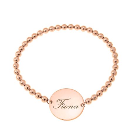 Stretch Beaded Bracelet with Name & Disc Pendant in 18K Rose Gold Plating