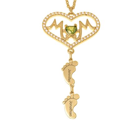 Mom Big Heart Birthstone Necklace with Baby Feet in 18K Gold Plating