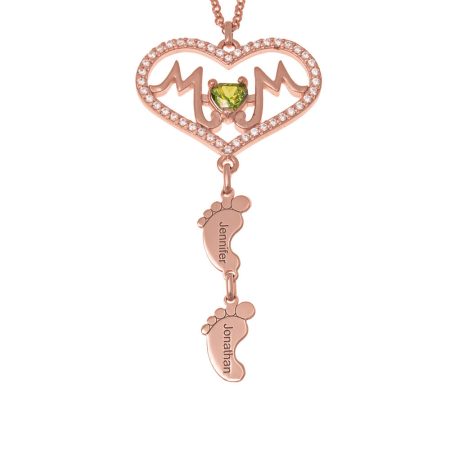 Mom Big Heart Birthstone Necklace with Baby Feet in 18K Rose Gold Plating
