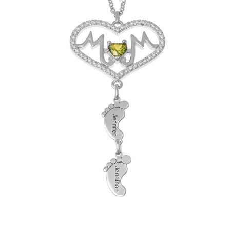 Mom Big Heart Birthstone Necklace with Baby Feet in 925 Sterling Silver