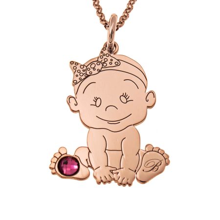 Baby Queen Initial Necklace with Birthstone in 18K Rose Gold Plating