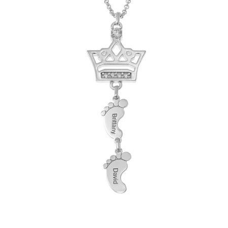 Crown Necklace with CZ and Baby Feet in 925 Sterling Silver