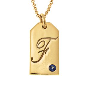 Tag Initial Necklace With Birthstone gold
