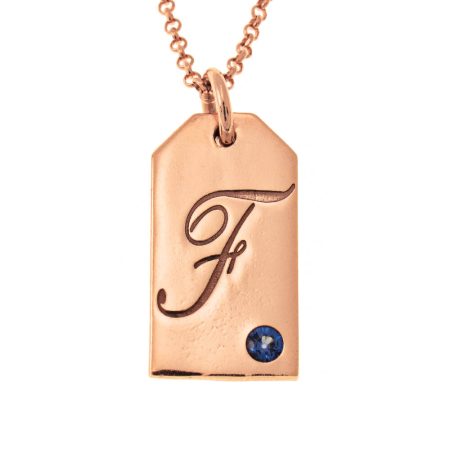 Tag Initial Necklace With Birthstone in 18K Rose Gold Plating