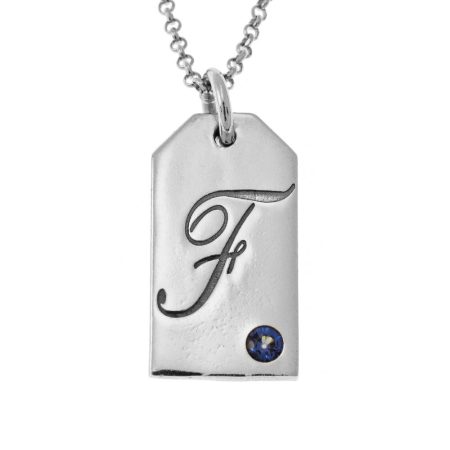 Tag Initial Necklace With Birthstone in 925 Sterling Silver