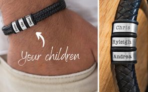 Freestyle pic of a personalized Leather Bracelet with engravable beads for Father's Day.