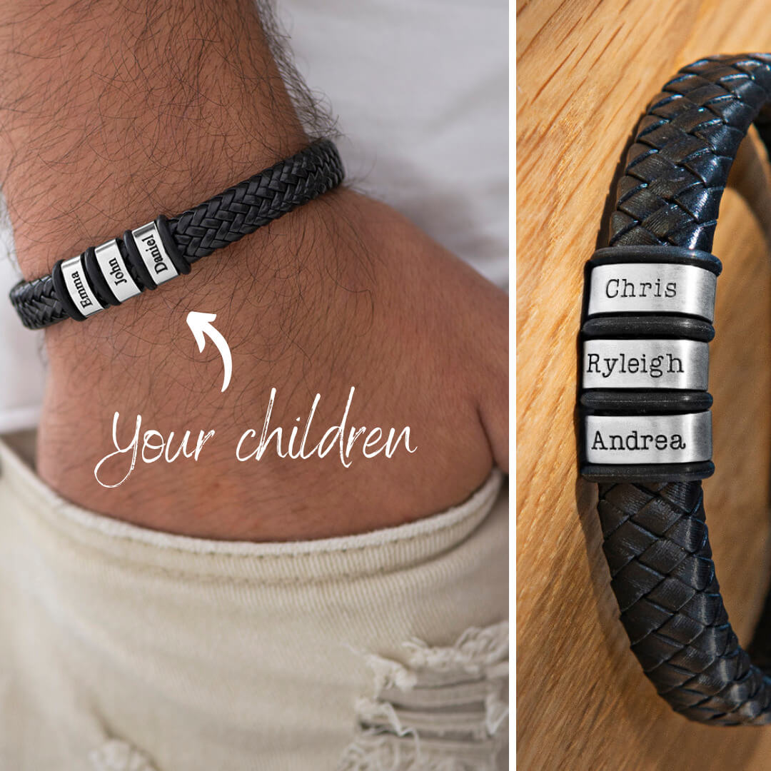 Freestyle pic of a personalized Leather Bracelet with engravable beads for Father's Day.