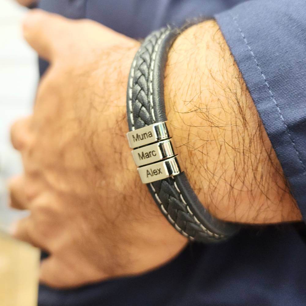 Premium men's leather bracelet With Name Beads-2