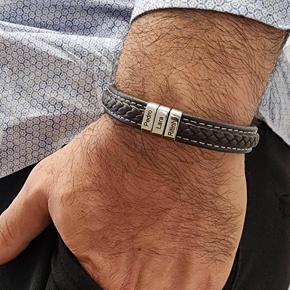 Premium men's leather bracelet With Name Beads-1