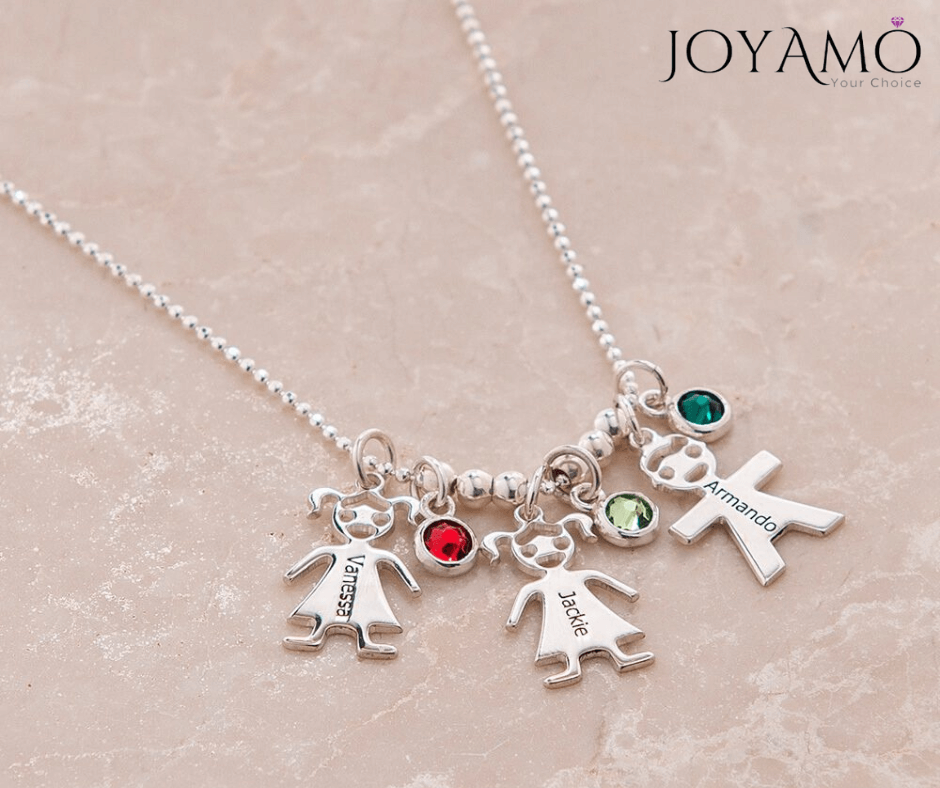 Mother’s Necklace With Children Charms And Birthstones 