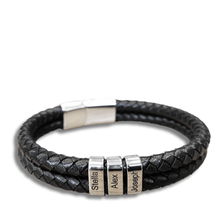 Double Braided Leather Bracelet Wite Custom Beads in Black Leather