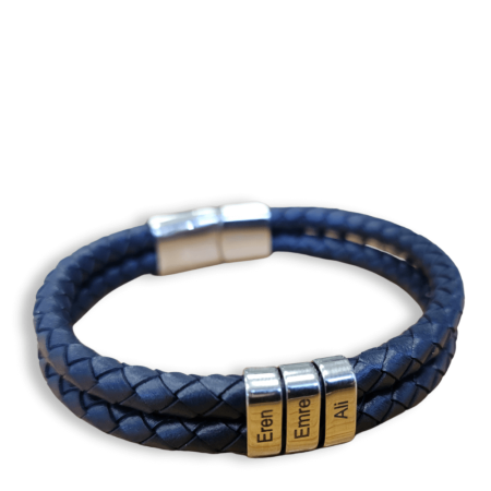 Double Braided Leather Bracelet with Custom Beads in Blue Leather