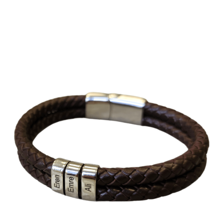 Double Braided Leather Bracelet with Custom Beads in brown Leather