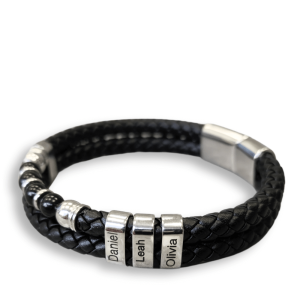 Leather Onyx Bead Bracelet With Custom Beads black