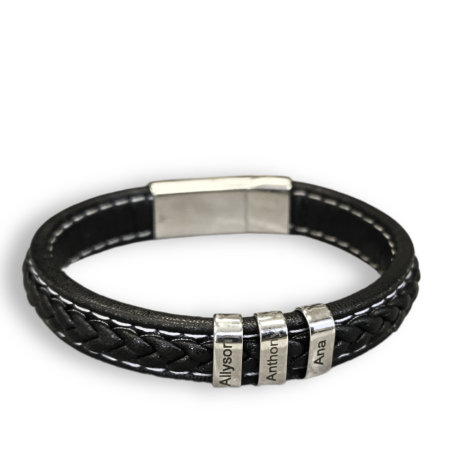 Premium men's leather bracelet With Name Beads in Black Leather