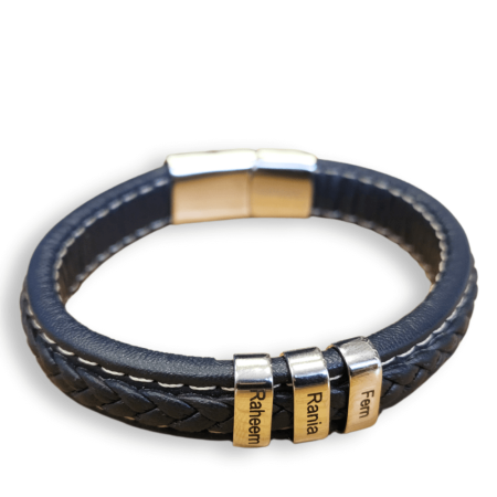 Premium men's leather bracelet With Name Beads in Blue Leather