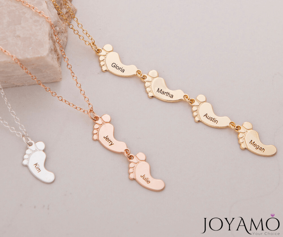 Personalized Necklace with Engraved Baby-Foot Charms in