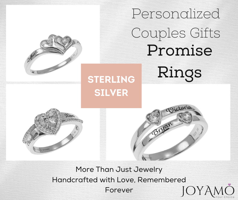 Personalized Promise Rings for Couples in Sterling Silver with Zirconia Stones and Engravings.