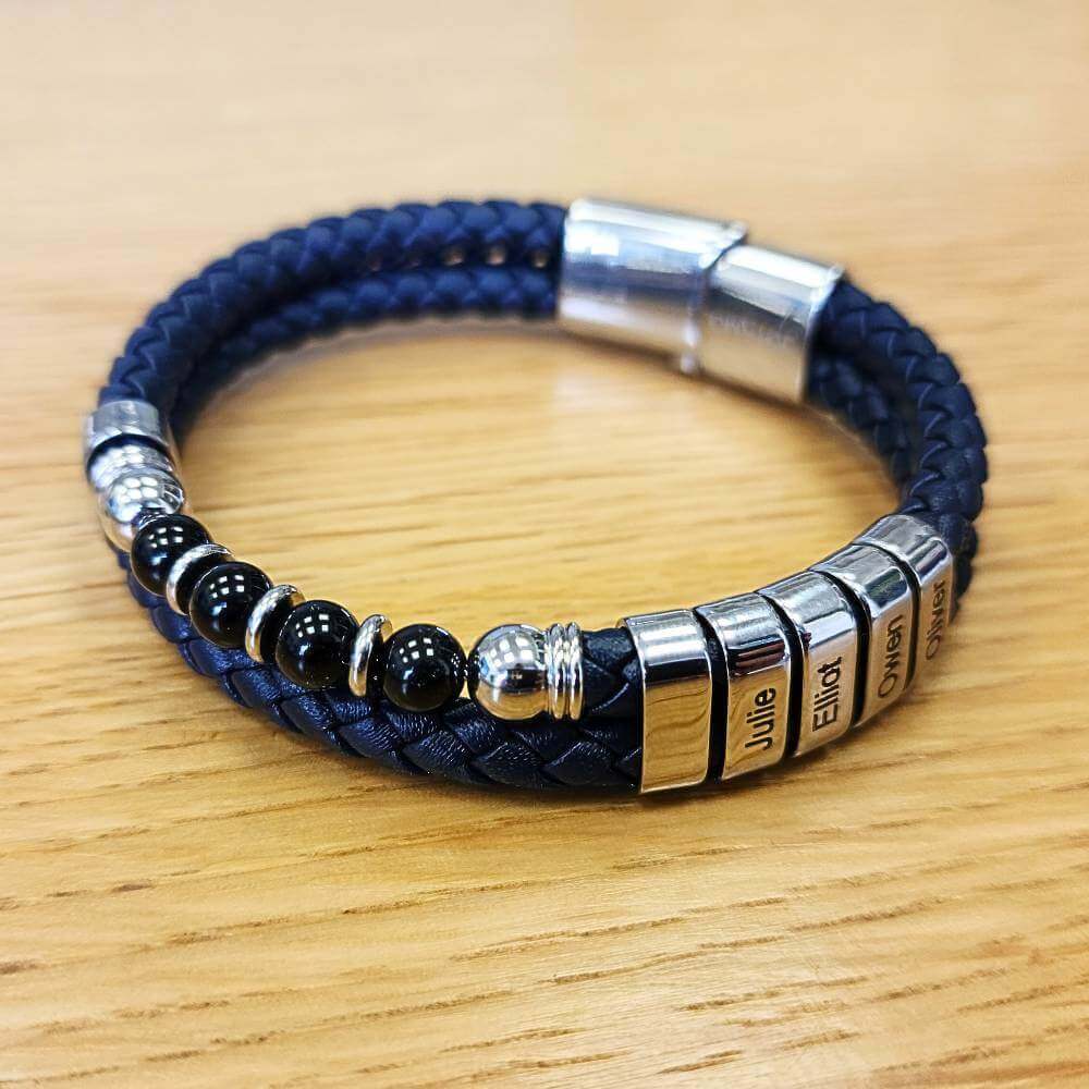 Leather Onyx Bead Bracelet With Custom Beads in Blue Leather