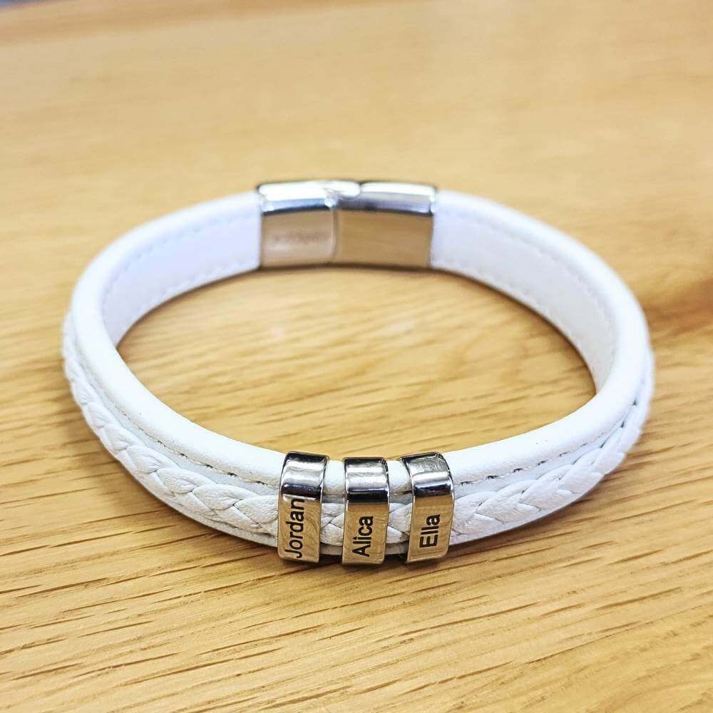 Premium Men’s Leather Bracelet With Name Beads in White Leather