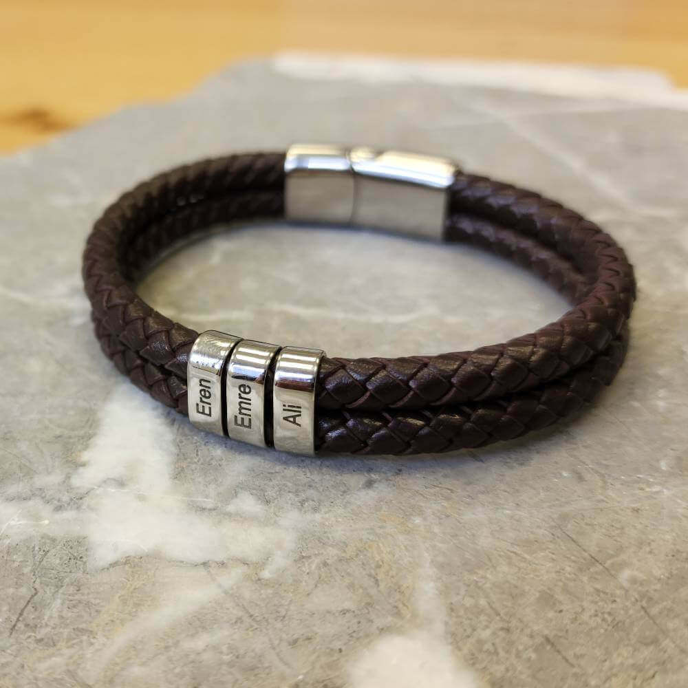 Double Braided Leather Bracelet With Custom Beads in Brown Leather