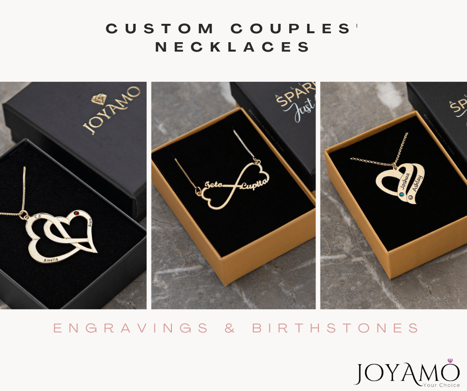 Custom Heart Couples Necklaces Collection with Engravings and Birthstones.