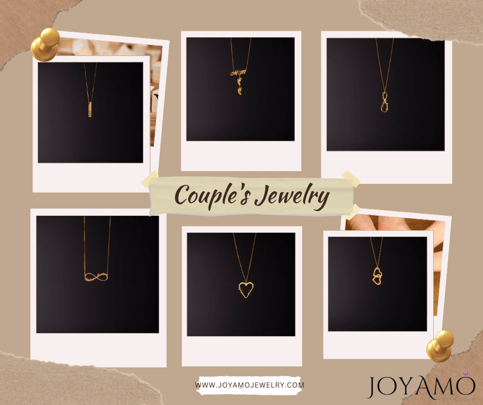 Custom Couple's Necklaces with Engravings, Charms, and Birthstones in Sterling Silver and 18K Gold Plating.