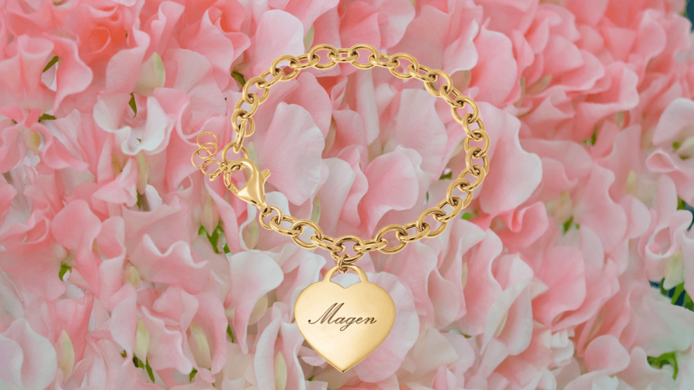 Personalized Bracelet with Heart Shaped Charm and Name Engraved in Sterling Silver and Gold Plating