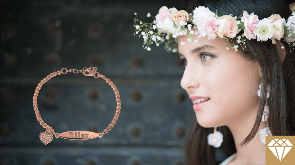 Oval Name Bead Bracelet With Inlay Heart Pendant  in Sterling Silver, Rose Gold Plating, and Yellow Gold Plating,