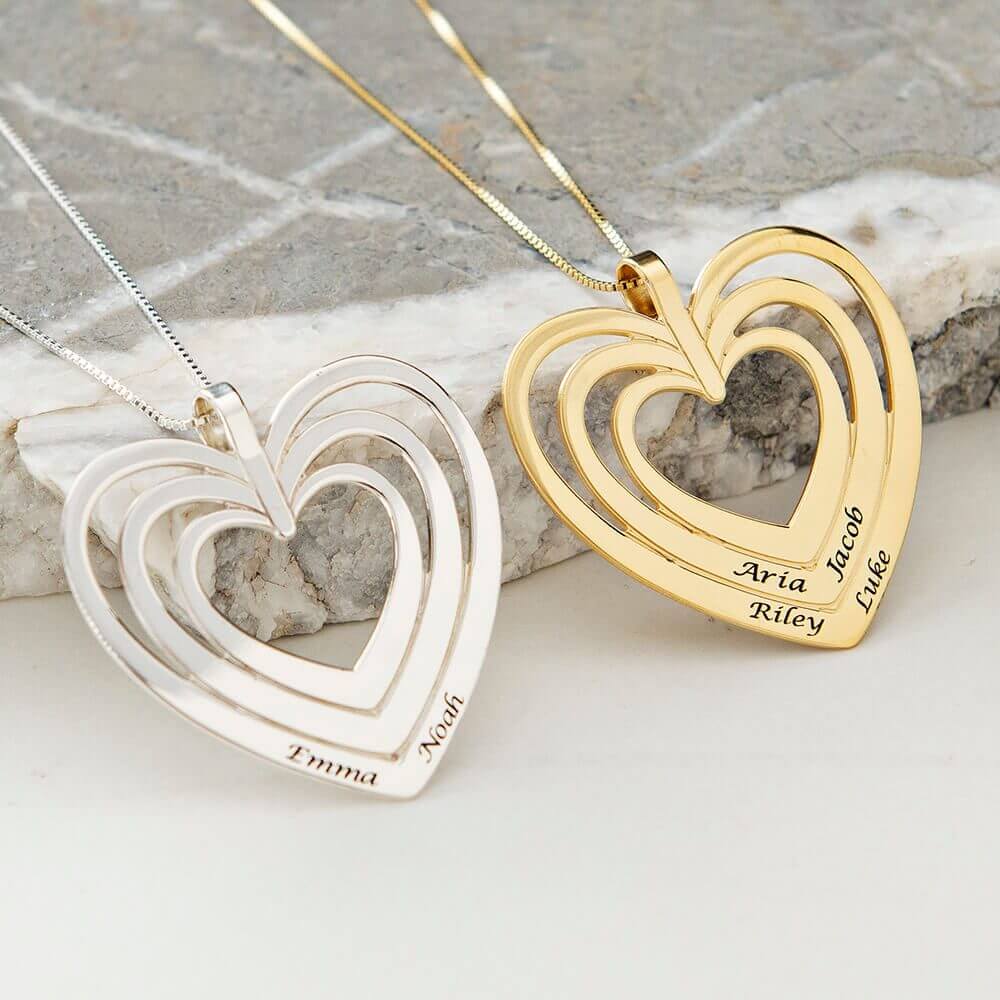 Personalized Heart Necklace with Engravings in Sterling Silver and gold Plating,