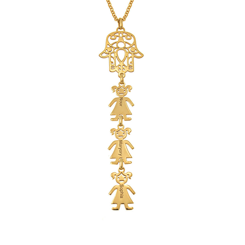Hamsa Necklace For Mom with Kids Charms in Yellow Gold Plating