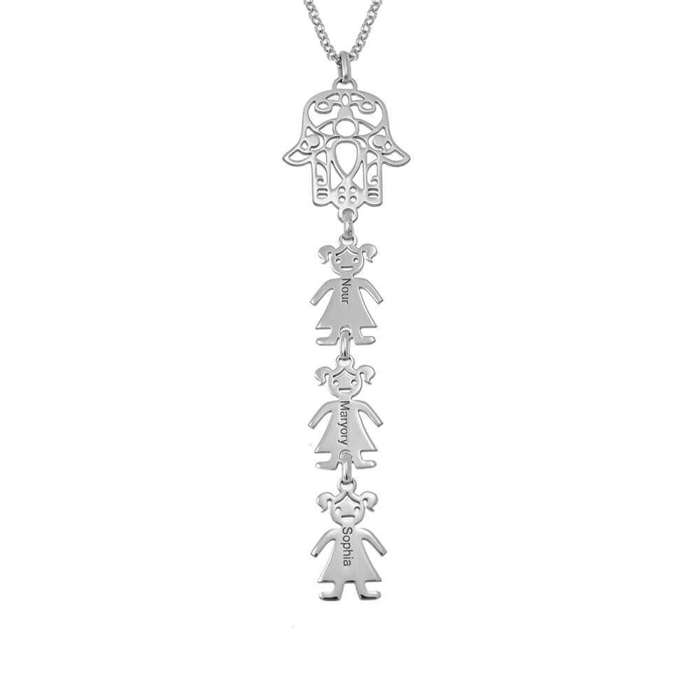 Hamsa Necklace For Mom with Kids Charms in Sterling Silver