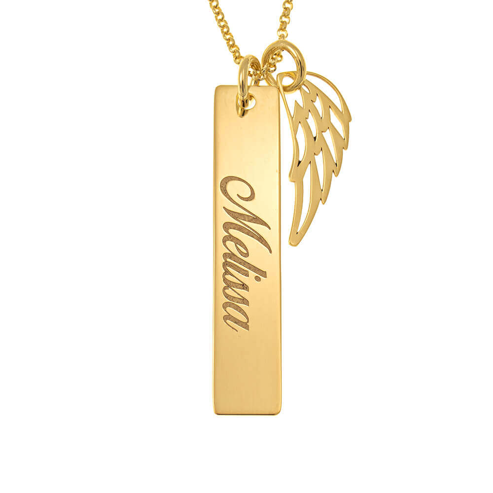 Memorial Angel Wing Necklace With Bar in Yellow Gold Plating