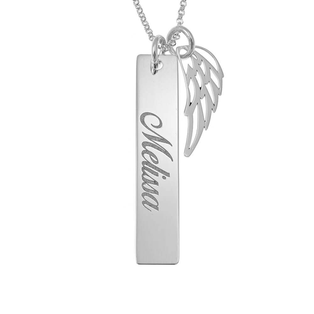 Memorial Angel Wing Necklace With Bar in Sterling Silver