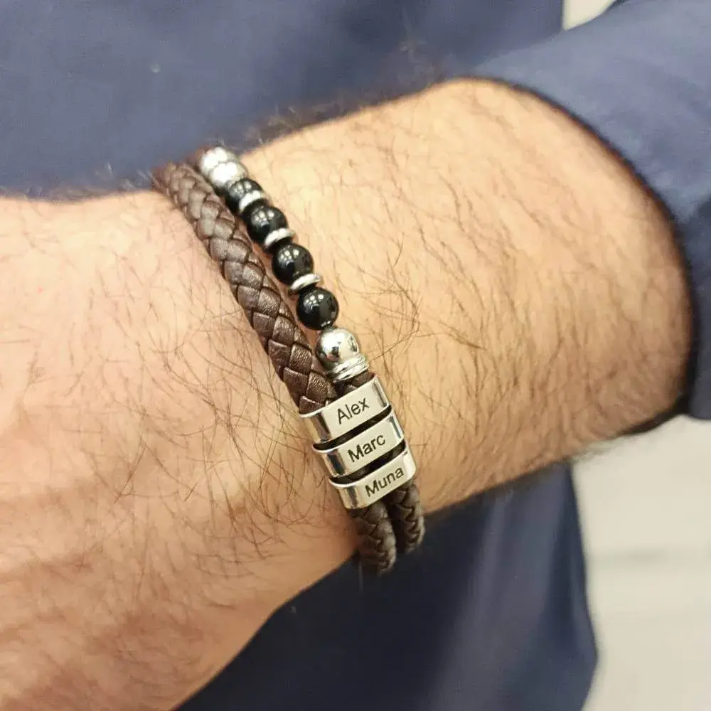 Leather Onyx Bead Bracelet With Custom Beads