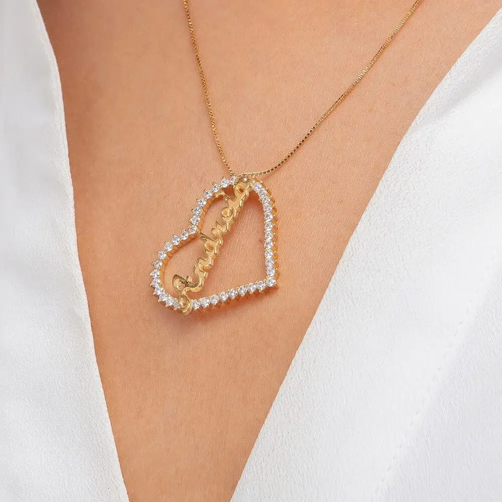 Heart Name Necklace With CZ 