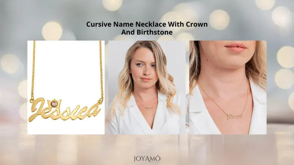 Cursive Name Necklace With Crown And Birthstone
